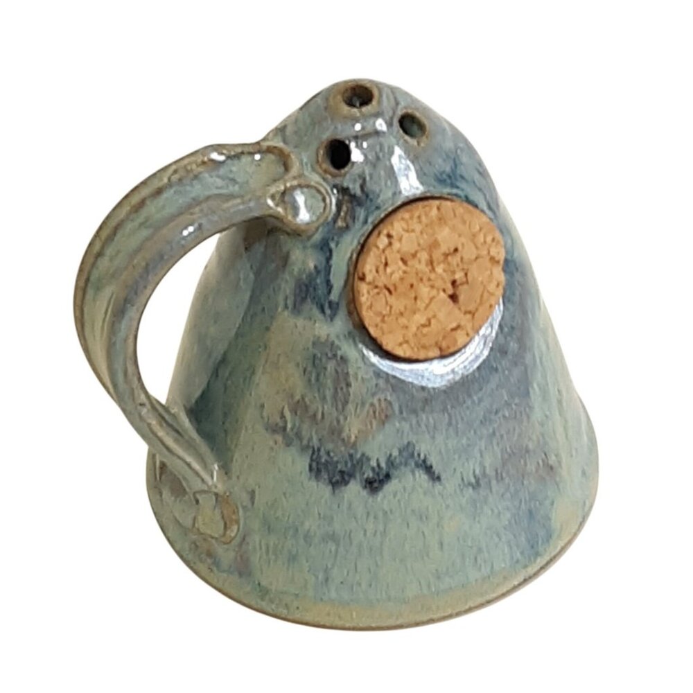 Vintage Dick Lehman Handmade Pottery Sugar Cheese Shaker Cork Handle Blue Glaze